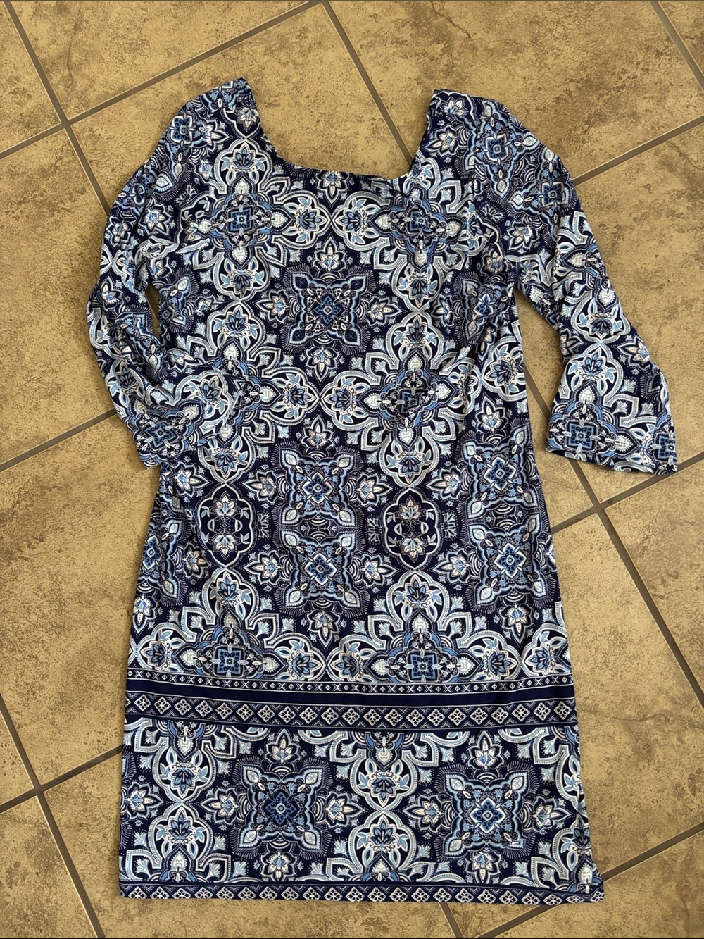 APT 9 buttery soft feel all over print blue geometric pattern dress